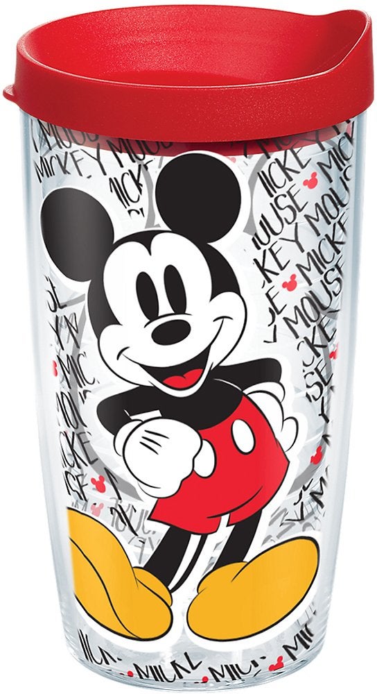 Tervis Disney Mickey Mouse Name Pattern Tumbler with Wrap and Red Lid 16oz Clear