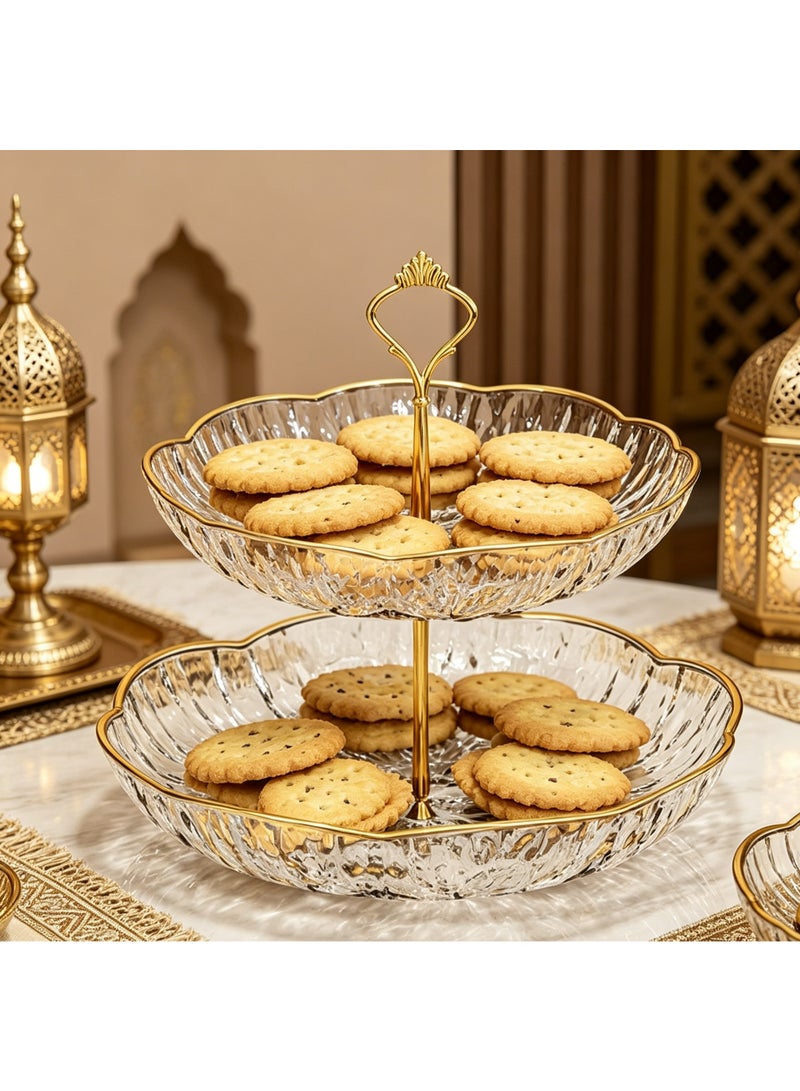 2-Tiered dessert /cake Stand, Clear Dessert Tower Holder Display / Tray stand for Wedding, Party, Baby Shower,Transparent, Metal Strut, gold trim - Image 3