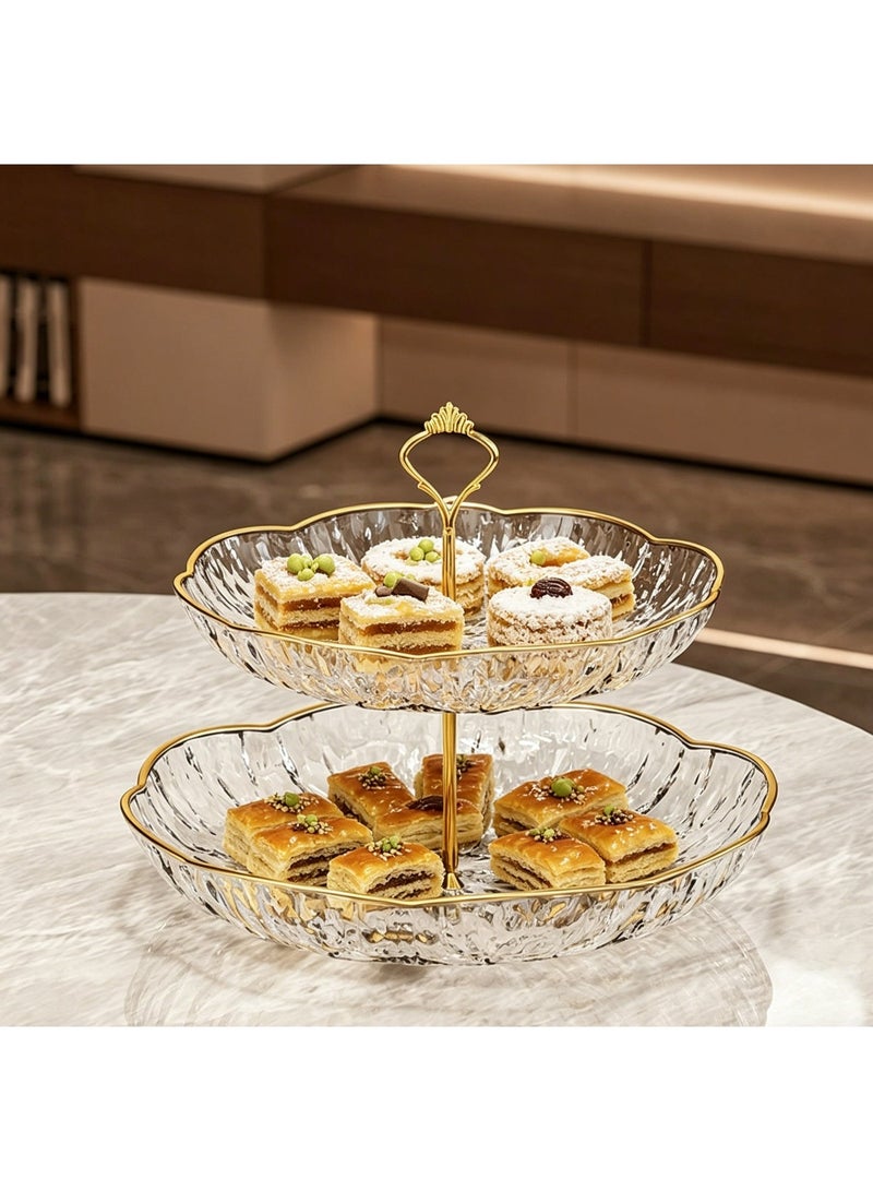2-Tiered dessert /cake Stand, Clear Dessert Tower Holder Display / Tray stand for Wedding, Party, Baby Shower,Transparent, Metal Strut, gold trim - Image 1