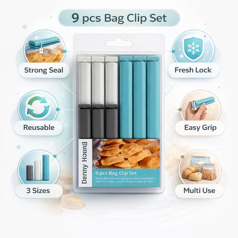 Reusable Food Bag Sealing Clips for Chips, Bread & Snack Bags, Airtight Plastic Kitchen Storage Clips – 9 PCS, 3 Sizes, Multicolor - Image 5