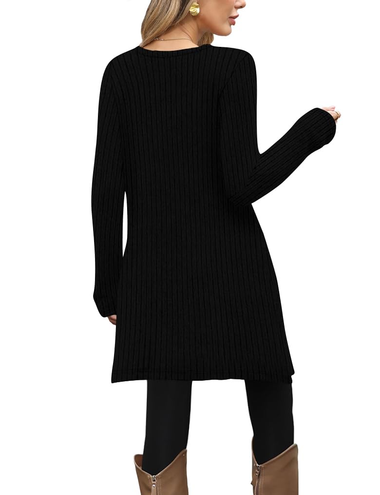Poetsky Womens A Line Tunic Sweater with Split Pockets Long Sleeve Black Fall Side Buttons Petite Dress for Leggings S - Image 2