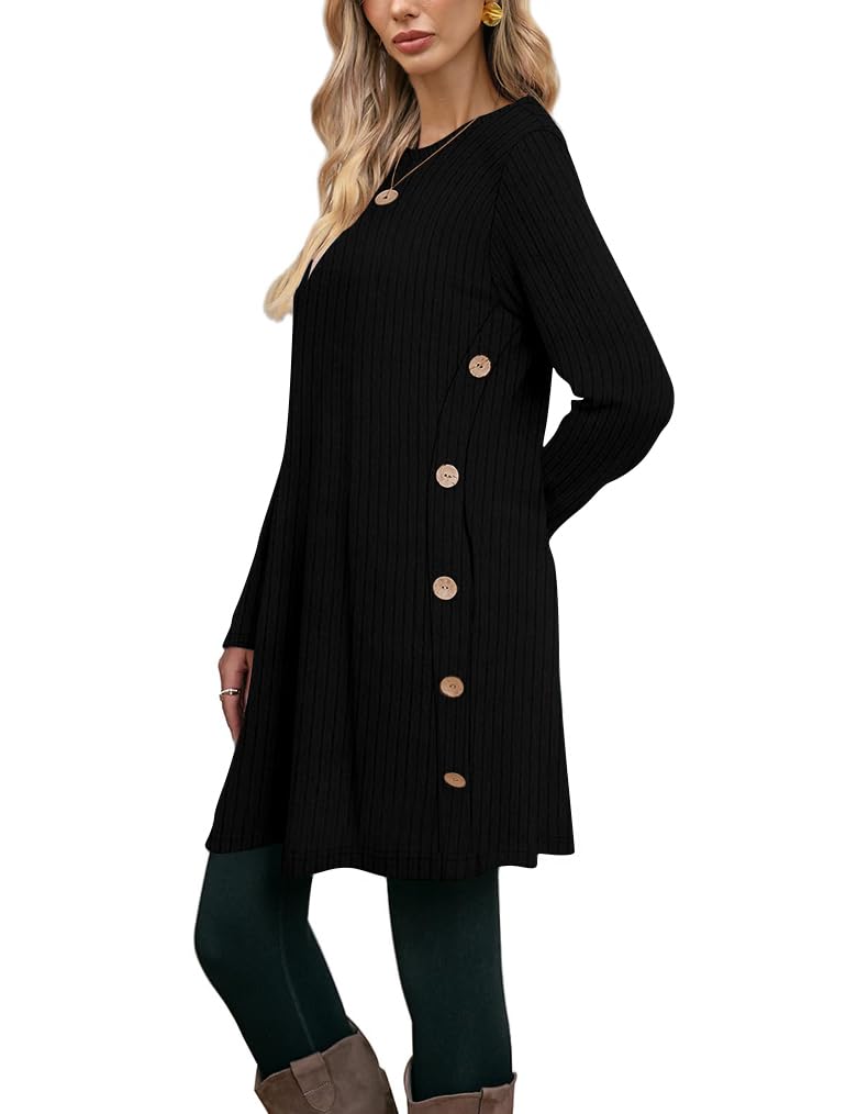 Poetsky Womens A Line Tunic Sweater with Split Pockets Long Sleeve Black Fall Side Buttons Petite Dress for Leggings S - Image 3