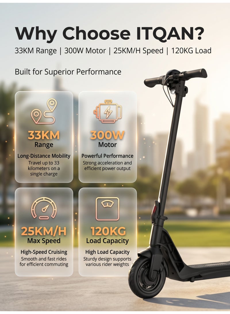 ITQAN RASEEL  Electric scooter with a 300W motor, maximum speed 25km/h (3-speed mode), 11-inch tires, 36V/10.4Ah dual suspension/hydraulic disc brake electric vehicle, LED headlight, all-terrain, easy to fold, portable commuter electric scooter, suitable for adults and teenagers, 15kg aluminum alloy frame, can support up to 120kg, urban transportation tool, no seat - Image 3