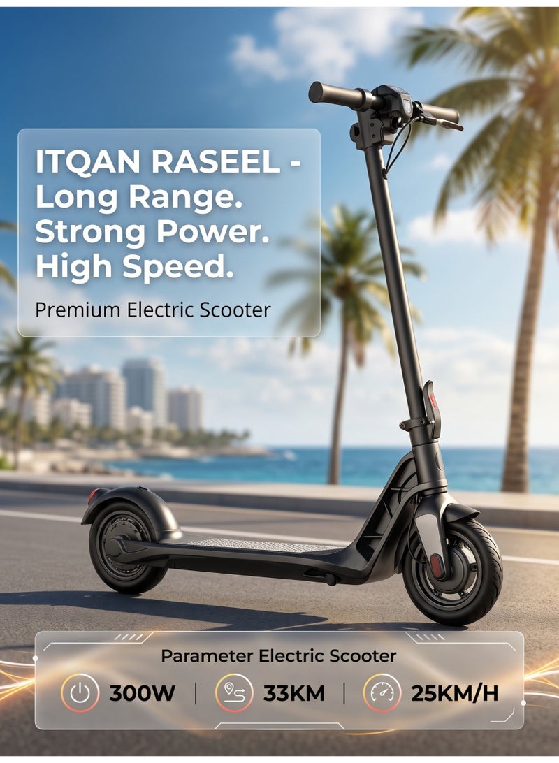 ITQAN RASEEL  Electric scooter with a 300W motor, maximum speed 25km/h (3-speed mode), 11-inch tires, 36V/10.4Ah dual suspension/hydraulic disc brake electric vehicle, LED headlight, all-terrain, easy to fold, portable commuter electric scooter, suitable for adults and teenagers, 15kg aluminum alloy frame, can support up to 120kg, urban transportation tool, no seat - Image 2