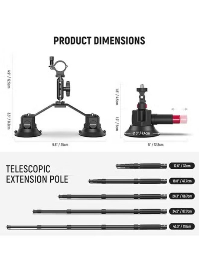 NEEWER Triple Suction Cup Car Mount Kit with 3in1 Extension Pole/Selfie Stick, Quick Release Outside Windshield Magic Arm Camera Mount with Action Camera Adapter Compatible with GoPro Insta360, CA065 black - Image 5