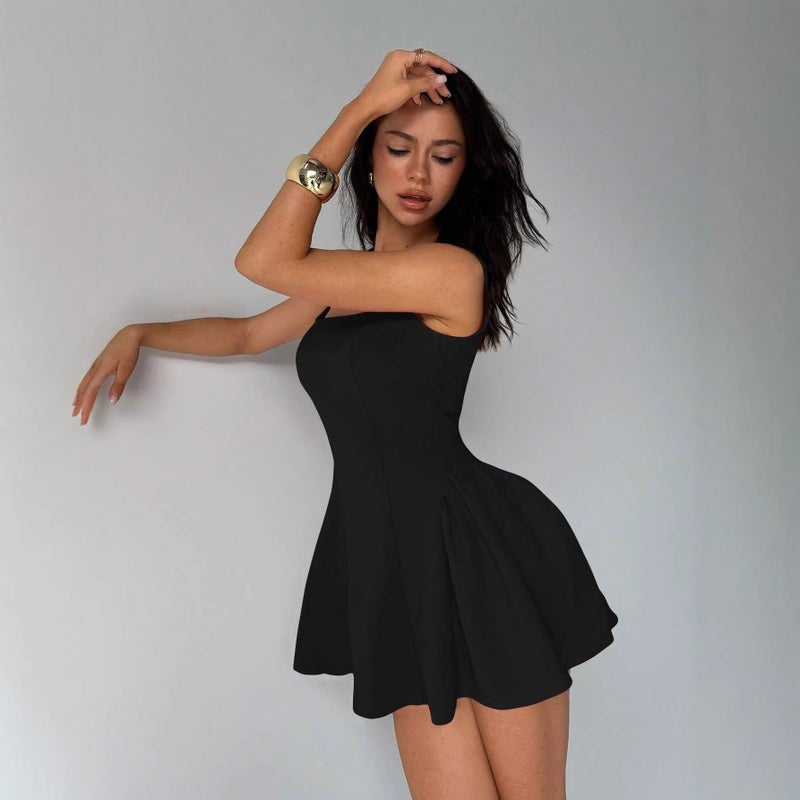 Elegant Square Neck Spaghetti Strap Short Dress - Image 2