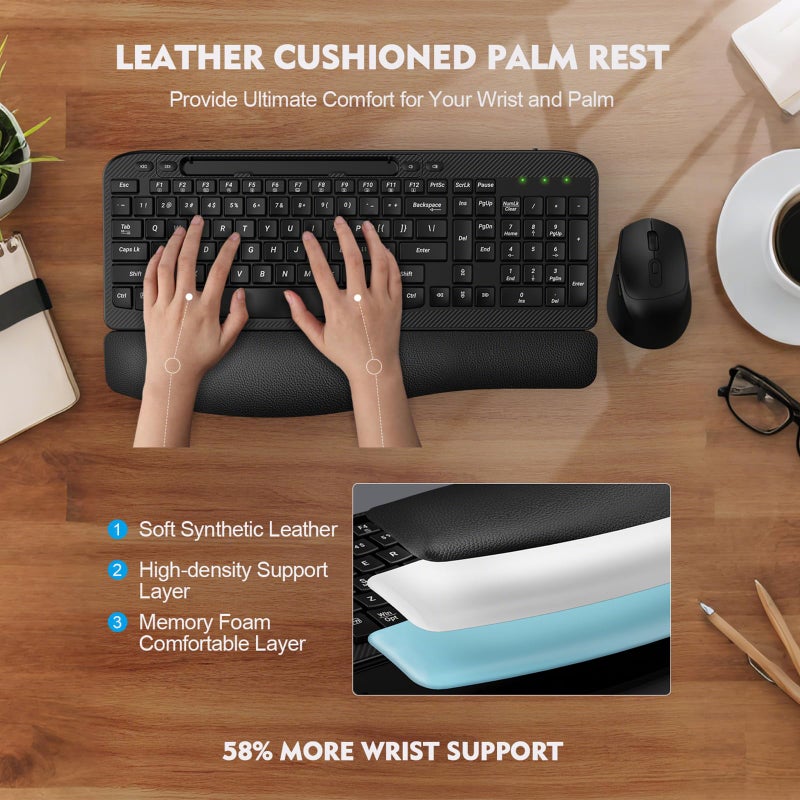 EAYBLLY Wireless Keyboard and Mouse Combo, Wave Keys Full-Sized Ergonomic Keyboard with Cushioned Plam Rest, Phone Holder, Comfortable Natural Typing, 2.4G Cordless Set for Computer, Laptop, PC, Mac, Windows - Image 2