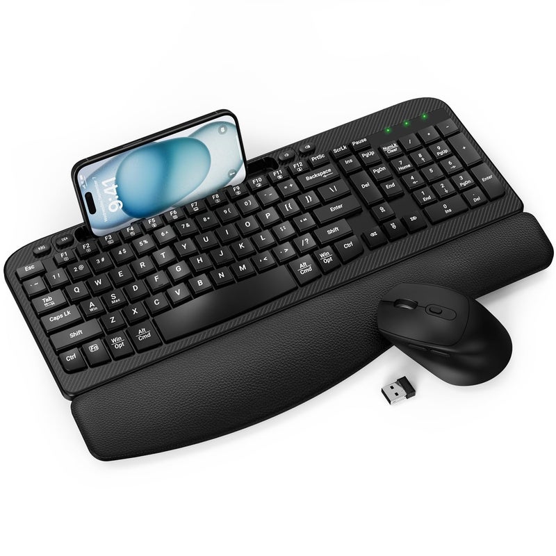 EAYBLLY Wireless Keyboard and Mouse Combo, Wave Keys Full-Sized Ergonomic Keyboard with Cushioned Plam Rest, Phone Holder, Comfortable Natural Typing, 2.4G Cordless Set for Computer, Laptop, PC, Mac, Windows - Image 1