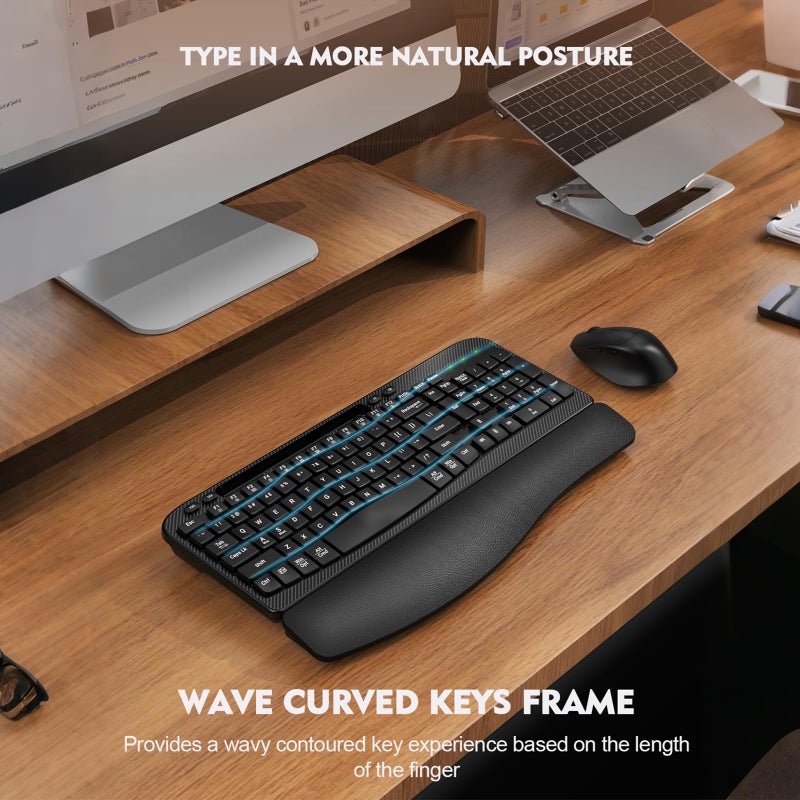 EAYBLLY Wireless Keyboard and Mouse Combo, Wave Keys Full-Sized Ergonomic Keyboard with Cushioned Plam Rest, Phone Holder, Comfortable Natural Typing, 2.4G Cordless Set for Computer, Laptop, PC, Mac, Windows - Image 5