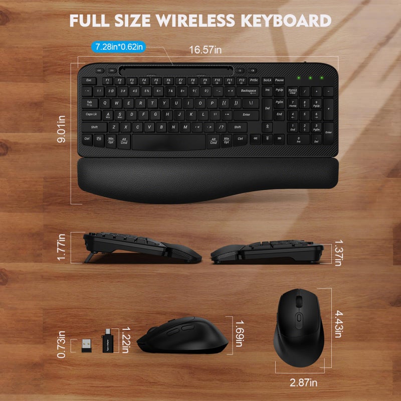 EAYBLLY Wireless Keyboard and Mouse Combo, Wave Keys Full-Sized Ergonomic Keyboard with Cushioned Plam Rest, Phone Holder, Comfortable Natural Typing, 2.4G Cordless Set for Computer, Laptop, PC, Mac, Windows - Image 3