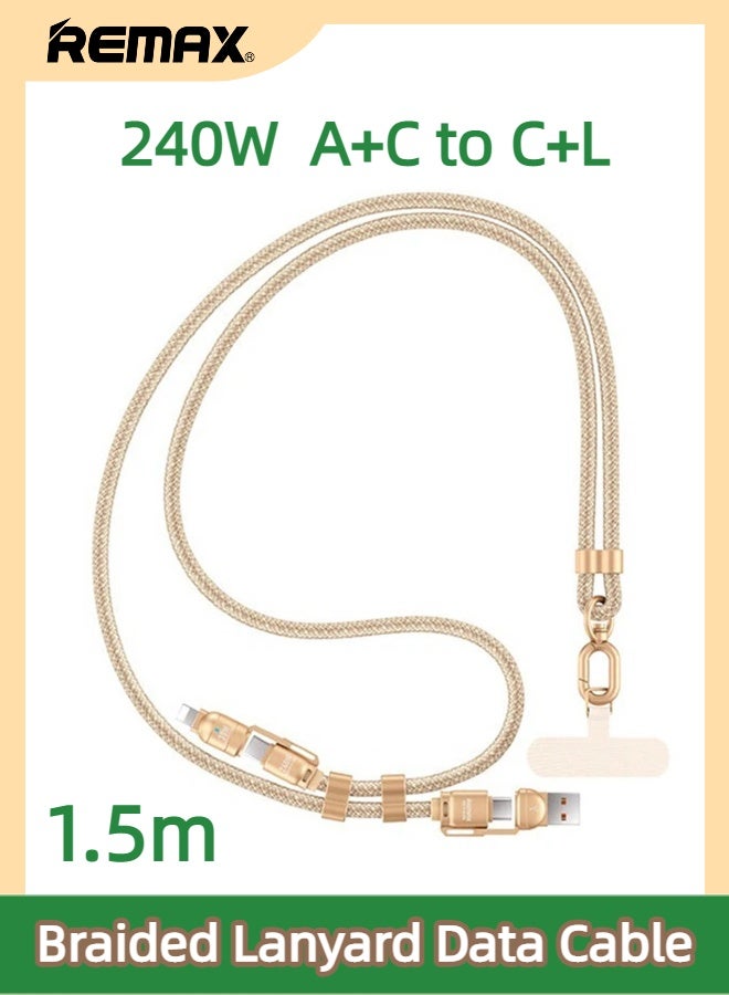 ريماكس كابل بيانات C7 مضفر بطول 1.5 متر، من نوع USB-A+C إلى C+L، يدعم الشحن السريع من النوع C-C بقدرة 240 واط بتقنية PD، مصنوع من سبائك الزنك المضفرة، حاصل على شهادة MFi، متوافق مع أجهزة USB-A/C و Lightning وغيرها. (ذهبي) - Image 1