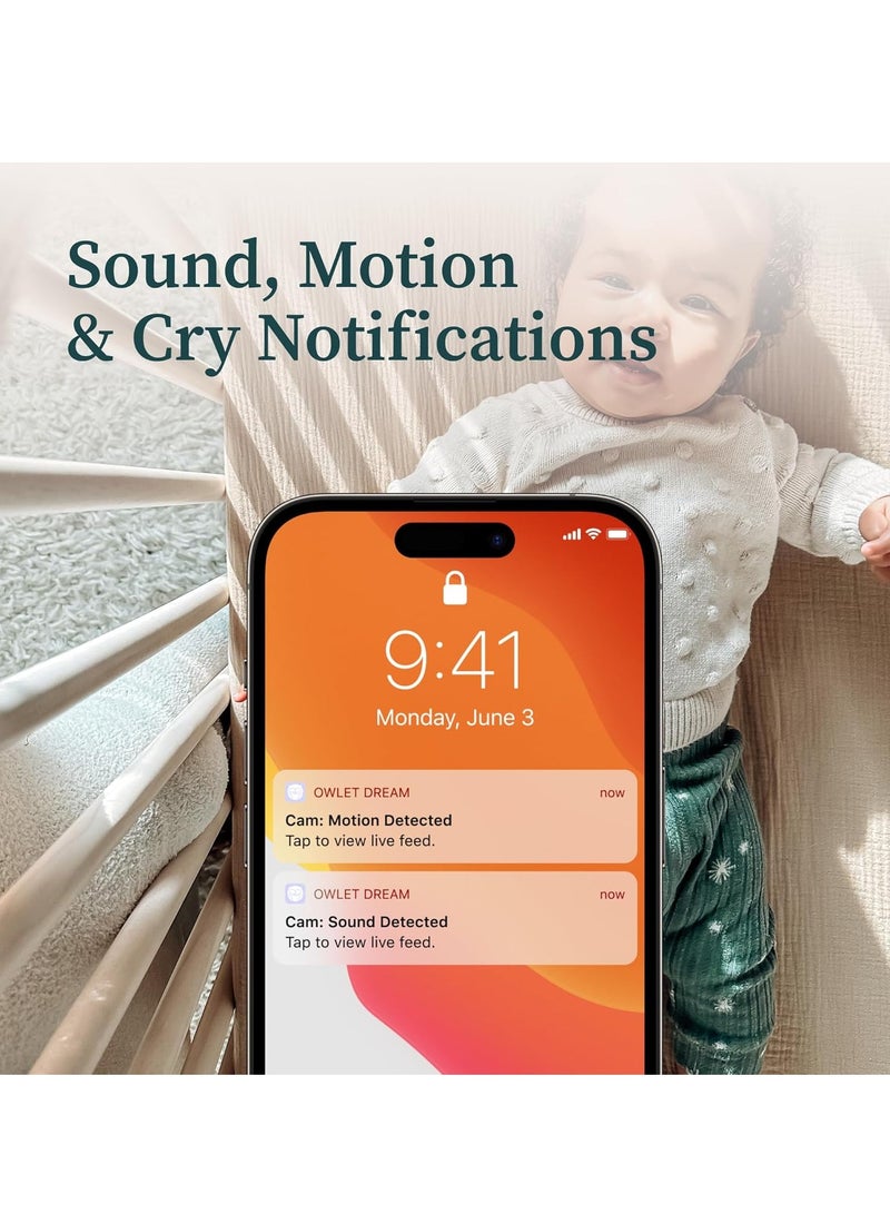 أوليت جهاز مراقبة الأطفال الذكي Owlet® Dream Duo: كاميرا Dream Sock® Plus Owlet المعتمدة من إدارة الغذاء والدواء الأمريكية - يتتبع معدل النبض والأكسجين ويُنبه أثناء مشاهدة الطفل في فيديو عالي الدقة 1080 بكسل بتقنية WiFi - Image 5