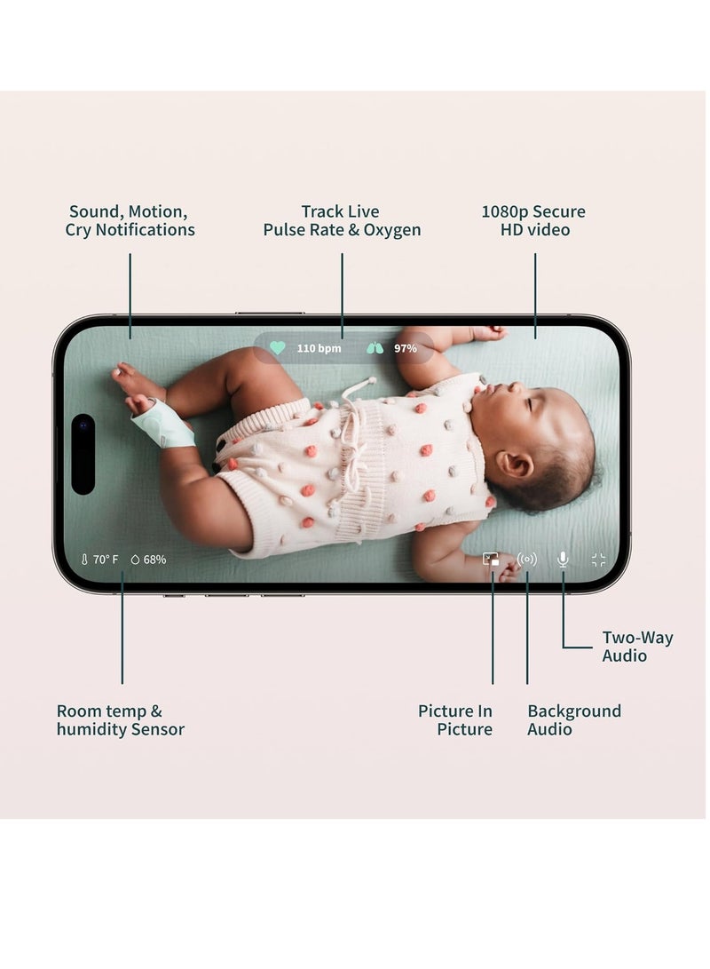 أوليت جهاز مراقبة الأطفال الذكي Owlet® Dream Duo: كاميرا Dream Sock® Plus Owlet المعتمدة من إدارة الغذاء والدواء الأمريكية - يتتبع معدل النبض والأكسجين ويُنبه أثناء مشاهدة الطفل في فيديو عالي الدقة 1080 بكسل بتقنية WiFi - Image 3