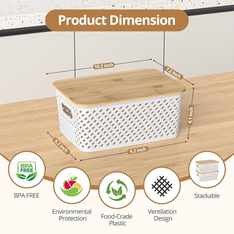 NIUB Plastic Storage Baskets, Plastic Storage Containers, 6pcs Stackable Storage Bins, With Bamboo Lid, for Organizing Shelves Drawers, Desktop Closet, Playroom, Classroom, Office (Twill) - Image 2