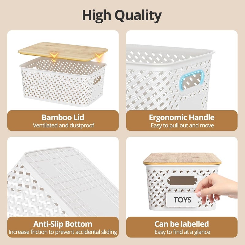 NIUB Plastic Storage Baskets, Plastic Storage Containers, 6pcs Stackable Storage Bins, With Bamboo Lid, for Organizing Shelves Drawers, Desktop Closet, Playroom, Classroom, Office (Twill) - Image 3