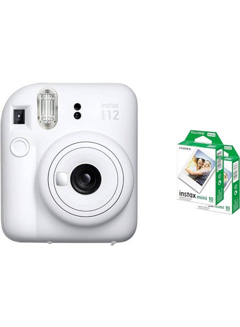 كاميرا Instax Mini 12 للأفلام الفورية مع مجموعة من 20 فيلمًا باللون الأبيض الطيني