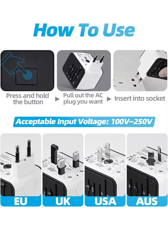TIKNIA - Universal Travel Adapter, International Plug Adapter Fast 2,4A 4-USB European Power Plug, AC Wall Charger – Worldwide Outlet for Europe US USA UK EU AUS, White - Image 1