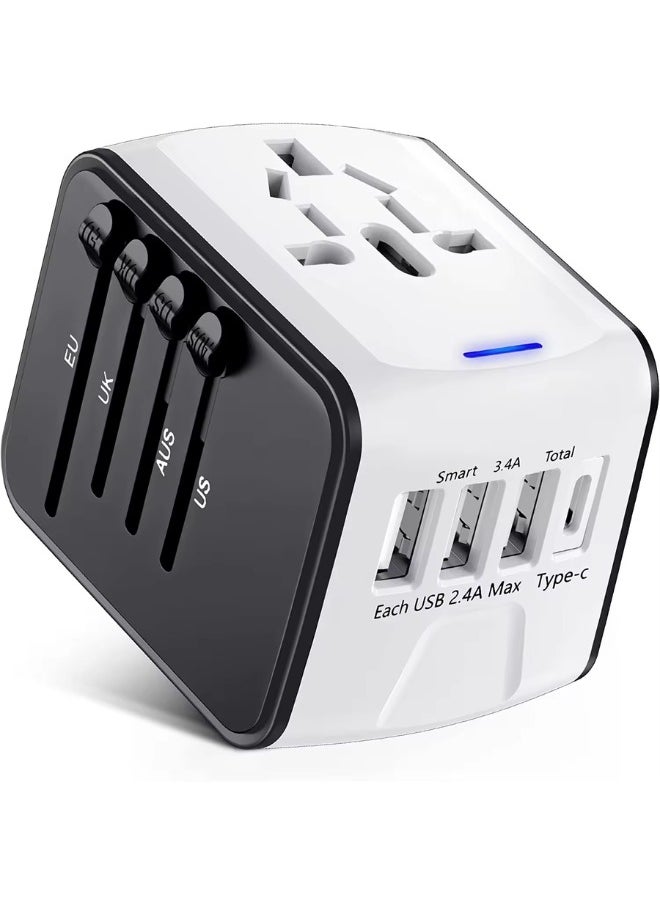 TIKNIA - Universal Travel Adapter, International Plug Adapter Fast 2,4A 4-USB European Power Plug, AC Wall Charger – Worldwide Outlet for Europe US USA UK EU AUS, White - Image 1