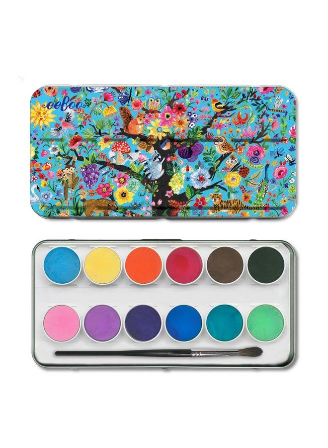 eeBoo: Tree of Life 12 Watercolors - Paint Set w Brush, Beautiful Design Tin Box, 12 Vibrant Colors, Kids Art Supplies, Ages 3+ - Image 3