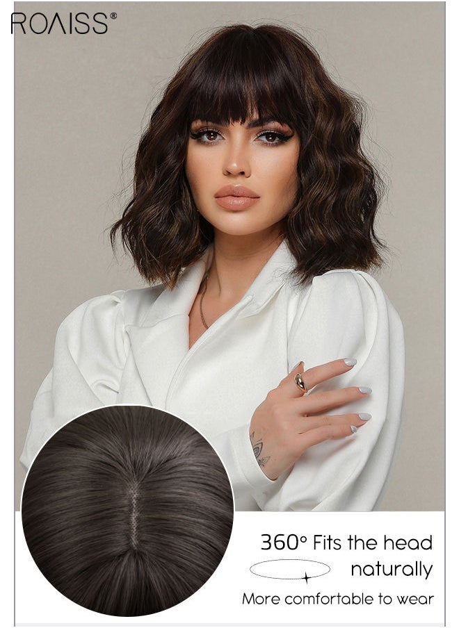 roaiss Brown Black Bob Wig with Bangs, Short Hair Wig for Women, Curly Synthetic Natural Heat Resistant Fiber Wigs as Real Hair for Daily Wear, Party, Costume, Cosplay, 30cm (12 inches）  - Image 4