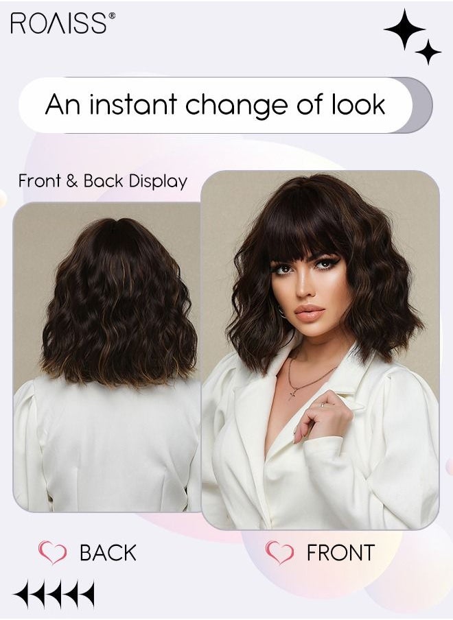 roaiss Brown Black Bob Wig with Bangs, Short Hair Wig for Women, Curly Synthetic Natural Heat Resistant Fiber Wigs as Real Hair for Daily Wear, Party, Costume, Cosplay, 30cm (12 inches）  - Image 2