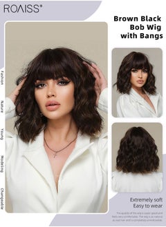 roaiss Brown Black Bob Wig with Bangs, Short Hair Wig for Women, Curly Synthetic Natural Heat Resistant Fiber Wigs as Real Hair for Daily Wear, Party, Costume, Cosplay, 30cm (12 inches）  - Image 1