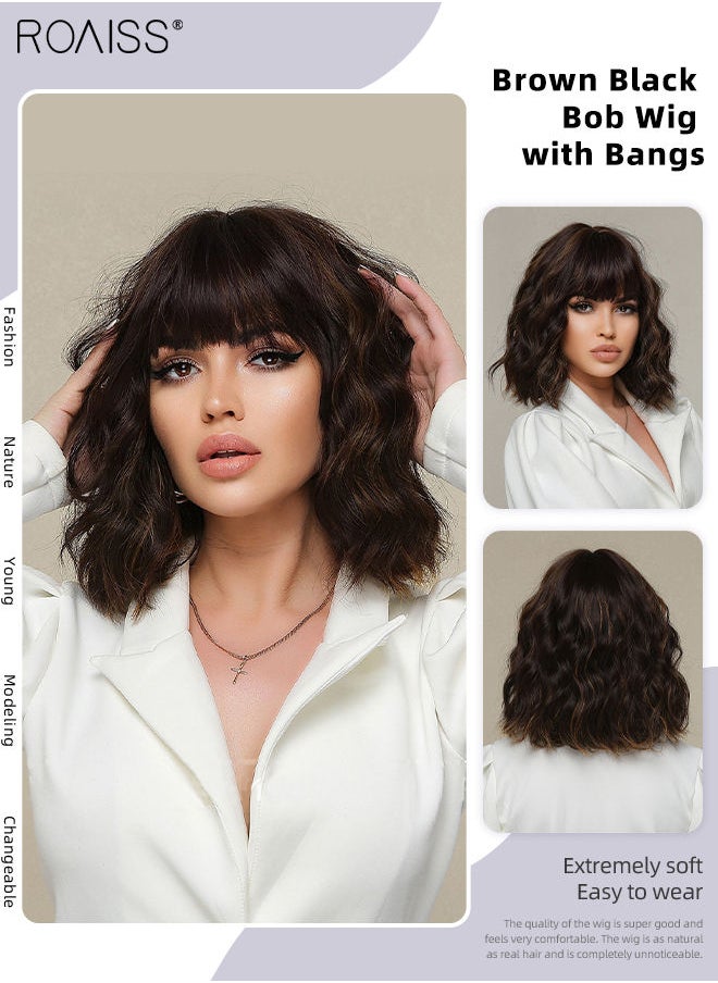 roaiss Brown Black Bob Wig with Bangs, Short Hair Wig for Women, Curly Synthetic Natural Heat Resistant Fiber Wigs as Real Hair for Daily Wear, Party, Costume, Cosplay, 30cm (12 inches）  - Image 1