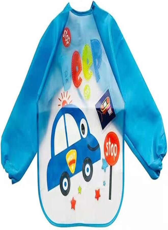 POLKA TOTS Waterproof Washable Full Sleeves Apron Feeding Bibs with Super Absorbent Soft Comfortable & Lightweight for Infants & Baby Toddlers Car, One Size