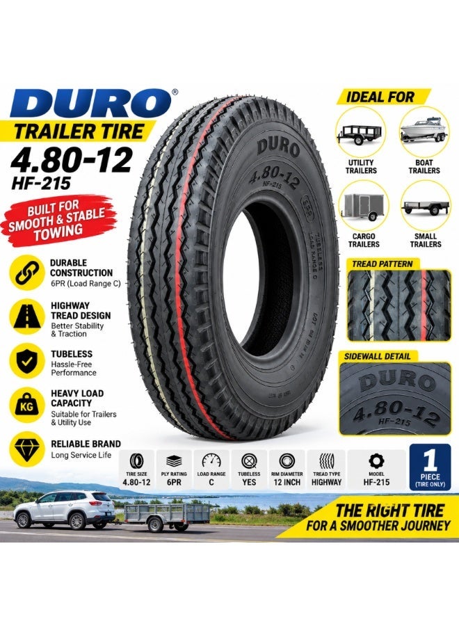 Duro HF-215 4.80-12 Trailer Tire, 6PR Load Range C, Tubeless Highway Tread, 12-Inch Rim, Utility, Cargo & Boat Trailers, 1 Tire - Image 1