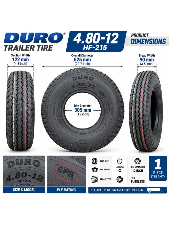 Duro HF-215 4.80-12 Trailer Tire, 6PR Load Range C, Tubeless Highway Tread, 12-Inch Rim, Utility, Cargo & Boat Trailers, 1 Tire - Image 2