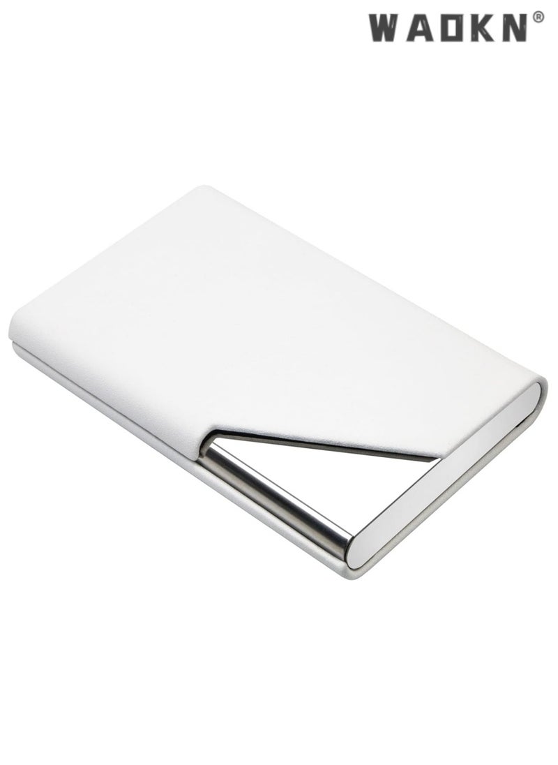 WAOKN Business Name Card Holder Luxury Leather & Stainless Steel Multi Card Case,Business Name Card Holder Wallet Credit Card ID Case/Holder for Men & Women - Keep Your Business Cards Clean（White）  - Image 1
