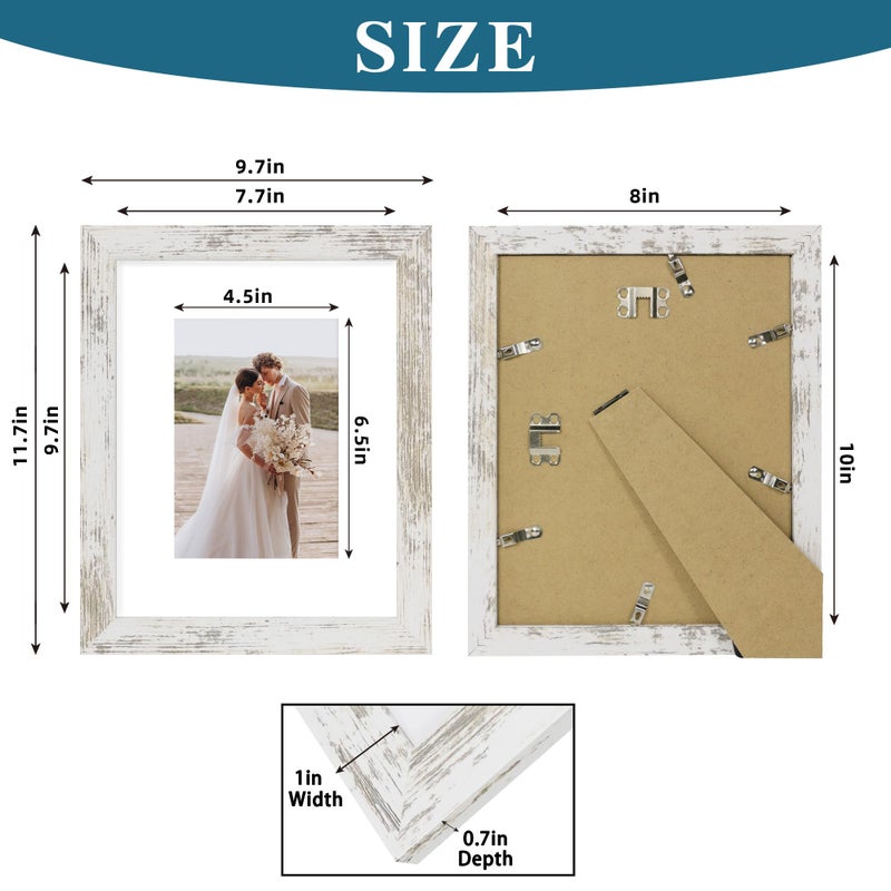 Hongkee 8x10 Picture Frame Set of 2, Made of Real Glass and Distressed White Wooden Frame - Display Picture 5x7 with Mat or 8x10 Without Mat, 8 by 10 Photo for Wall or Tabletop - Image 3
