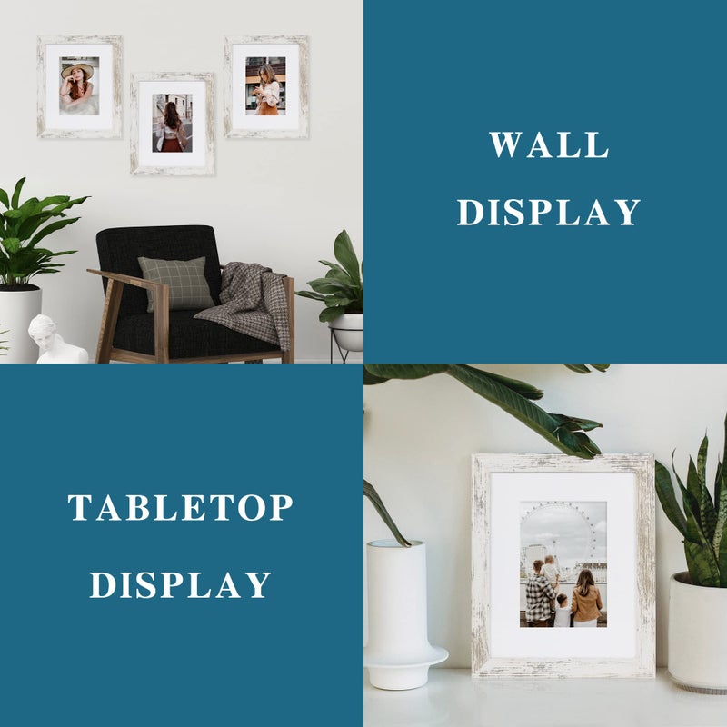 Hongkee 8x10 Picture Frame Set of 2, Made of Real Glass and Distressed White Wooden Frame - Display Picture 5x7 with Mat or 8x10 Without Mat, 8 by 10 Photo for Wall or Tabletop - Image 4