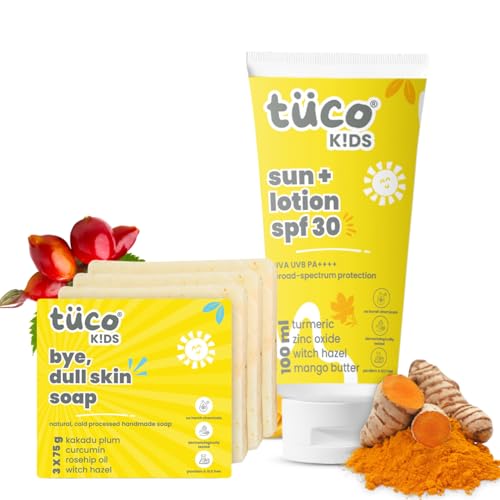 TuCo SPF 30 All Skin Kids Dull Skin Soap (75 gm x 3) & Sunscreen Lotion (100 ml) | Safe For Kids | Ages 2-5, 5-10, 10-15 | Paraben & Sulfate Free | Pack of 4 - Image 1