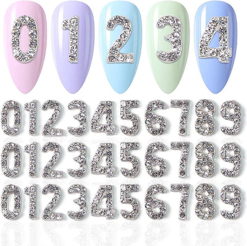 SILPECWEE 30pcs Number Nail Charms Silver Nail Jewelry Number for Nails 3D Nail Art Charms Nail Rhinestones Nail Studs Nail Decoration for Acrylic Nails Manicure DIY Craft