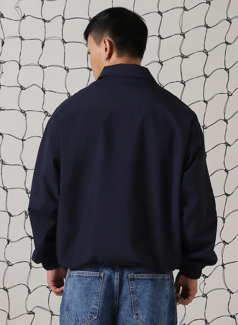 Hubberholme Men's Navy 100% Polyester Printed Oversized Jacket