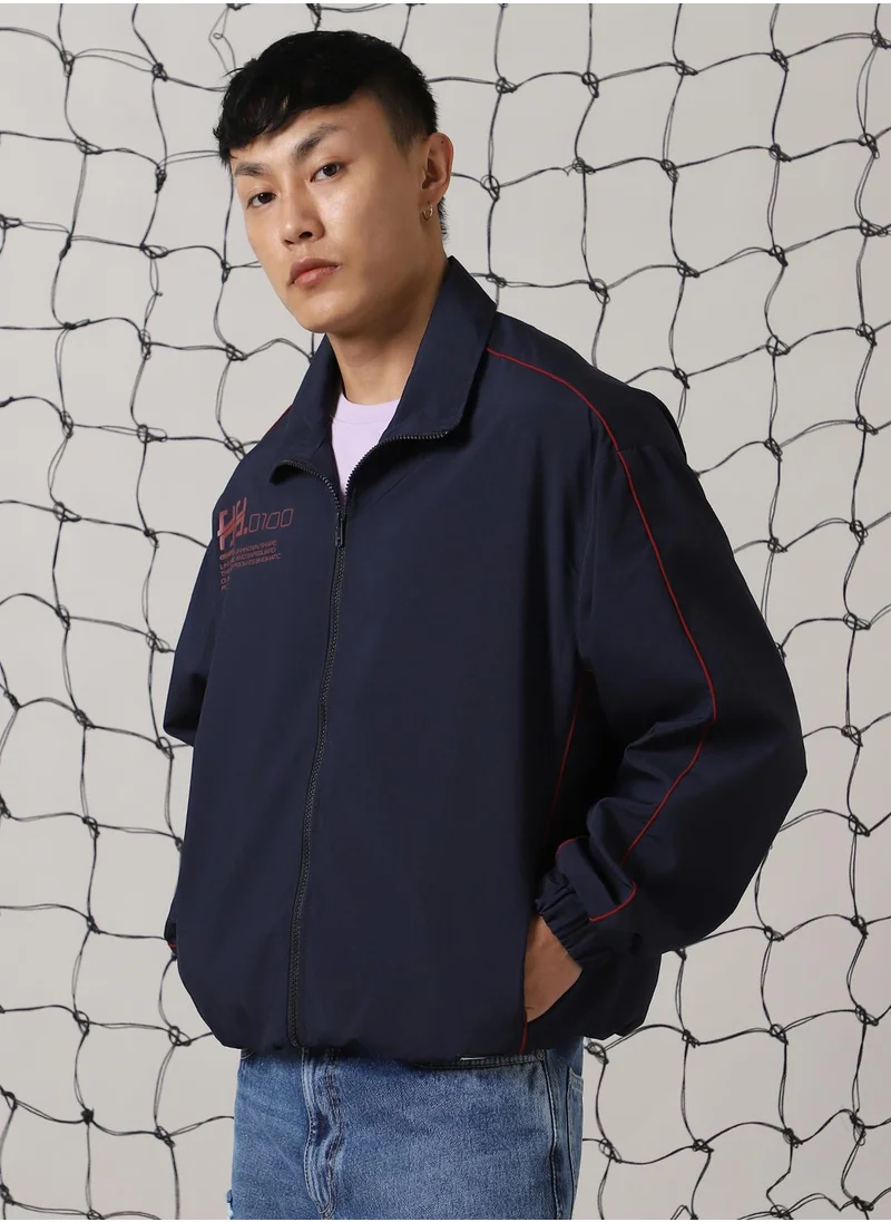 Hubberholme Men's Navy 100% Polyester Printed Oversized Jacket
