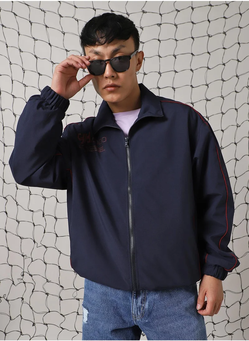 Hubberholme Men's Navy 100% Polyester Printed Oversized Jacket