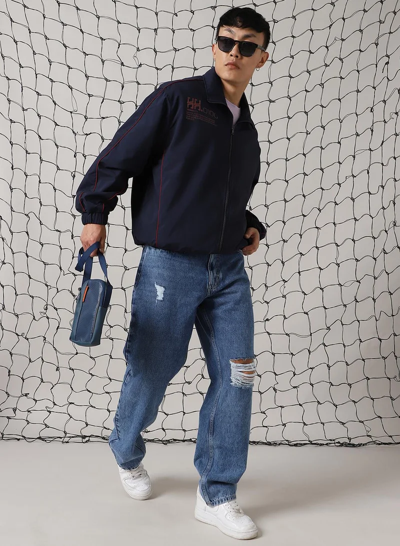 Hubberholme Men's Navy 100% Polyester Printed Oversized Jacket