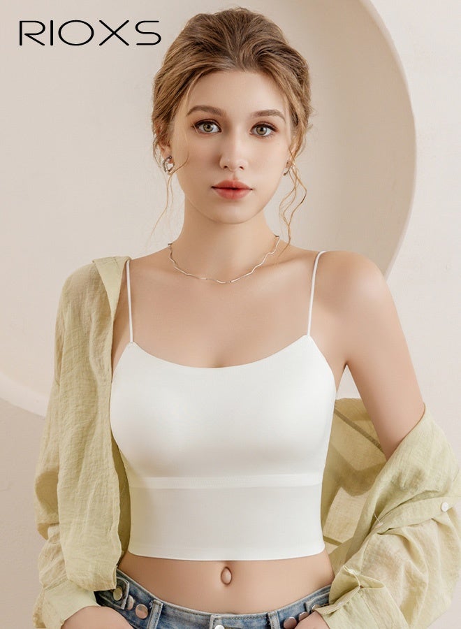 RIOXS Women's Built-in Bra Tank Top, Seamless Stretch Wire-Free Bra Vest, Everyday Wrinkle-Free Shaping Undershirt for Ladies, Breathable and Modest Solid-Color Underwear, Suitable for All Seasons, Yoga, Fitness, Trainning, Travel and Casual Wear at Home, White - Image 1