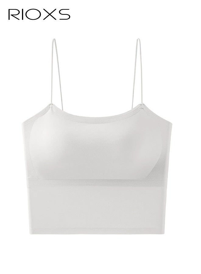RIOXS Women's Built-in Bra Tank Top, Seamless Stretch Wire-Free Bra Vest, Everyday Wrinkle-Free Shaping Undershirt for Ladies, Breathable and Modest Solid-Color Underwear, Suitable for All Seasons, Yoga, Fitness, Trainning, Travel and Casual Wear at Home, White - Image 2