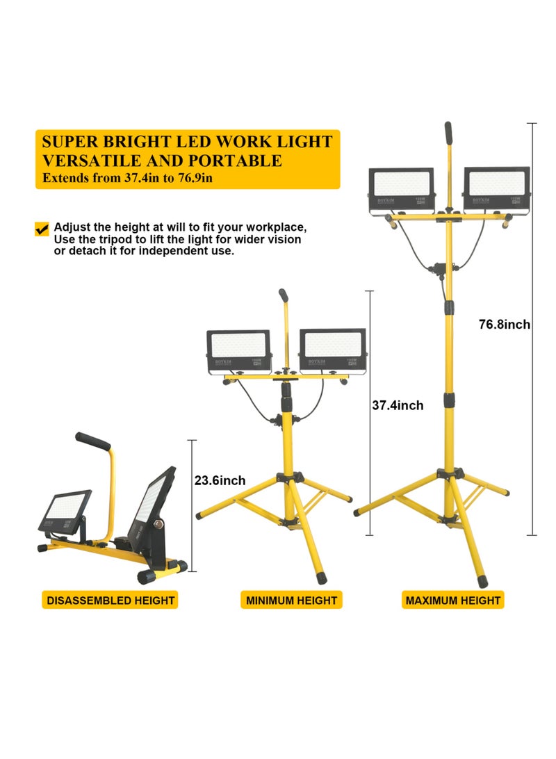 بويكيم Boykim 20000lumen ضوء العمل ، 200W أدى ضوء العمل المزدوج الرأس ، مع ترايبود متداخلة و 5M السلطة الحبل ، IP66 للماء في الهواء الطلق بناء موقع إضاءة المرآب - Image 3