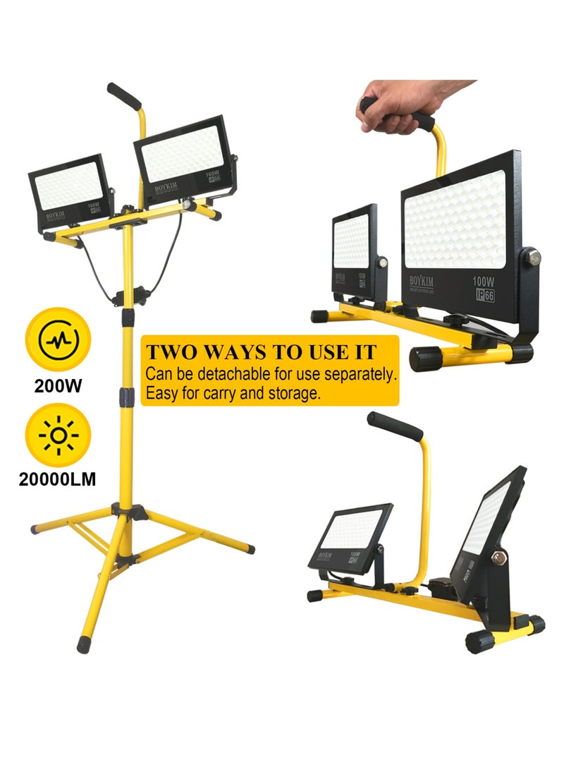 بويكيم Boykim 20000lumen ضوء العمل ، 200W أدى ضوء العمل المزدوج الرأس ، مع ترايبود متداخلة و 5M السلطة الحبل ، IP66 للماء في الهواء الطلق بناء موقع إضاءة المرآب - Image 4