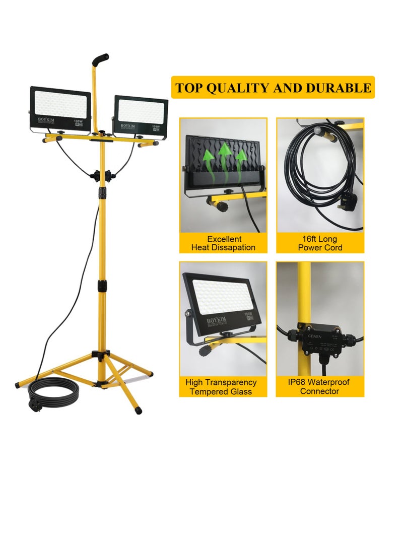 بويكيم Boykim 20000lumen ضوء العمل ، 200W أدى ضوء العمل المزدوج الرأس ، مع ترايبود متداخلة و 5M السلطة الحبل ، IP66 للماء في الهواء الطلق بناء موقع إضاءة المرآب - Image 5