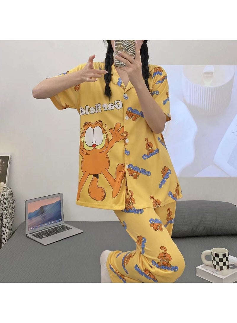 DubaiGallery Women Pyjamas Set PJ Ladies Silk Satin Short Sleeve Print Button Up Loungewear