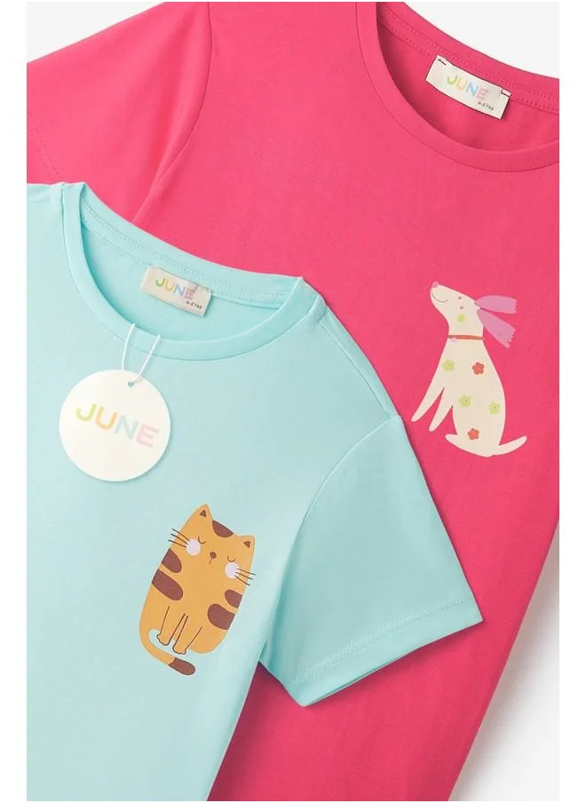 JUNE June Girl Short Sleeve 2-Pack Printed Tshirt Fuchsia - Mint