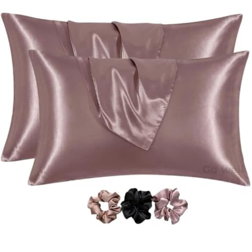 GO WELL Solid Satin Silk Pillow Covers Pack of 2 for Hair and Skin-with Satin Scrunchies |Satin Pillow coves for Hair and Skin|scrunchies for Women 3-Pieces|Silk Pillow case (RoseTaupe) 600TC - Image 1
