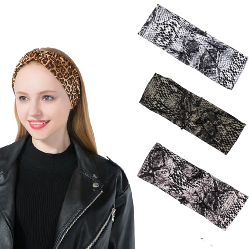 DINPREY Animal Print Headband Snake Headbands for women Sports Yoga Headband Cheetah Head Wrap for Womens (3 Pack snake Print b) - Image 1