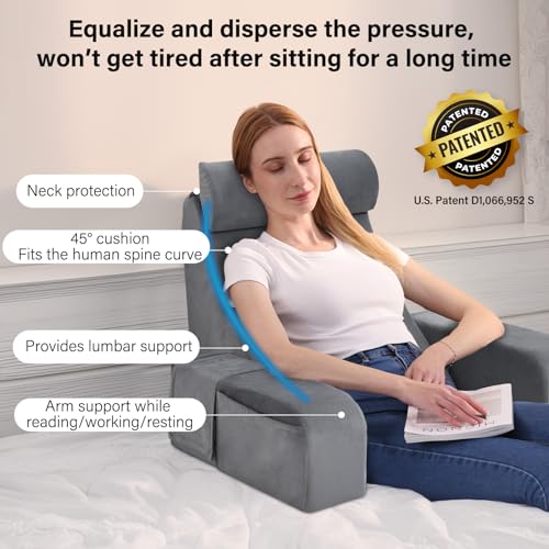 ENITYA Reading Pillow for Sitting in Bed Adult, 19" Back Support Pillow for Bed Sitting up, Backrest Cushion for Reclining,Gaming,Resting,Watching TV in Couch or Floor, Wedge with Arms, Medium(Grey) - Image 3