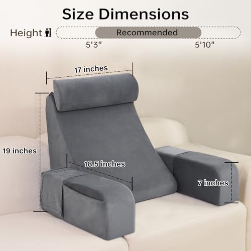 ENITYA Reading Pillow for Sitting in Bed Adult, 19" Back Support Pillow for Bed Sitting up, Backrest Cushion for Reclining,Gaming,Resting,Watching TV in Couch or Floor, Wedge with Arms, Medium(Grey) - Image 2